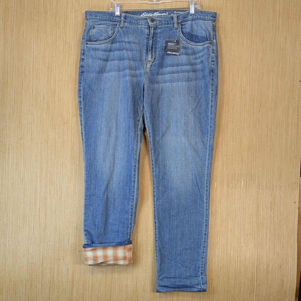 Eddie Bauer Flannel Lined Boyfriend Jeans‎ Mid Rise Straight Blue 16 NEW